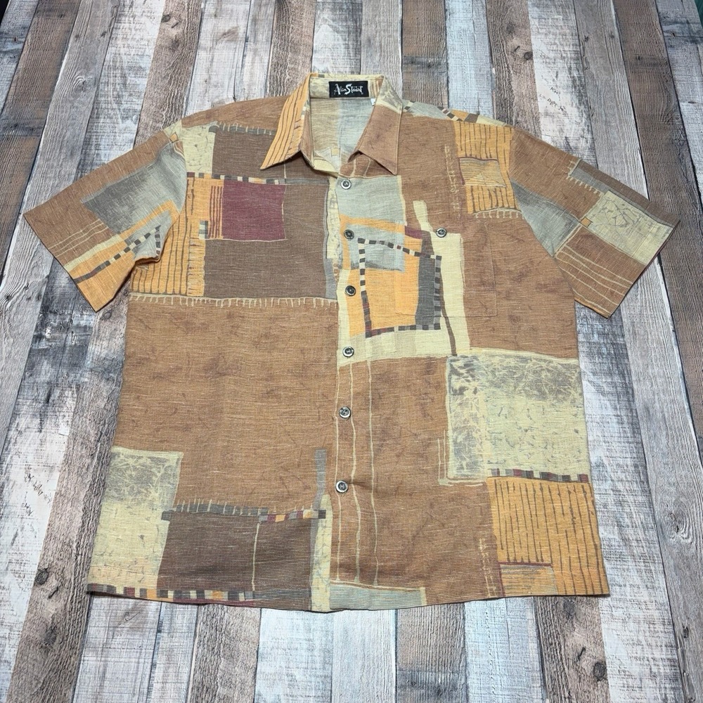 Vintage Alan Stuart Button Down Shirt Mens Large Brown Abstract Geometric USA